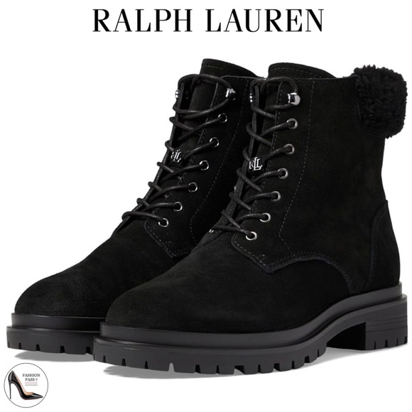 RALPH LAUREN Black Suede Lug Sole Carlee Round Toe Lace-Up Boots Ankle Booties - Picture 1 of 14